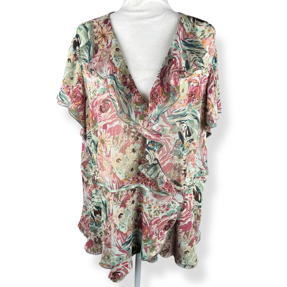 Womens Semi Sheer Floral Chiffon Top Size 22 24 Romantic‎ Boho Ruffles Coquette
